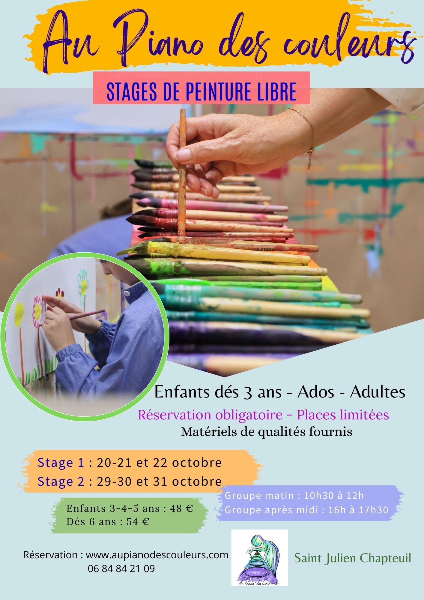 alt=stages vacances scolaire Au Piano des couleurs ateliers pour enfants ados adultes peinture libre jeu de peindre Haute Loire
